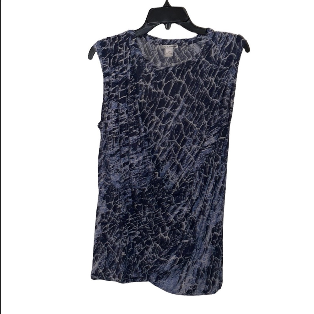 Dalia Collection Blue/White Ruffled Shoulder Side‎ Drape Top Womens Size L